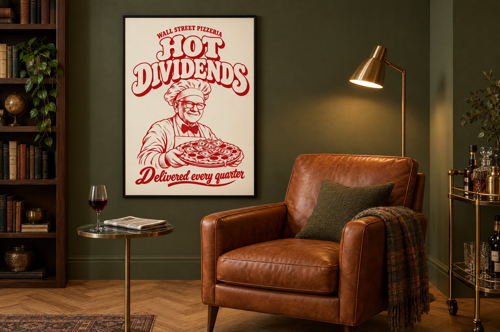 Poster im schwarzen Rahmen an einer dunkelgrünen Wand neben einem Ledersessel