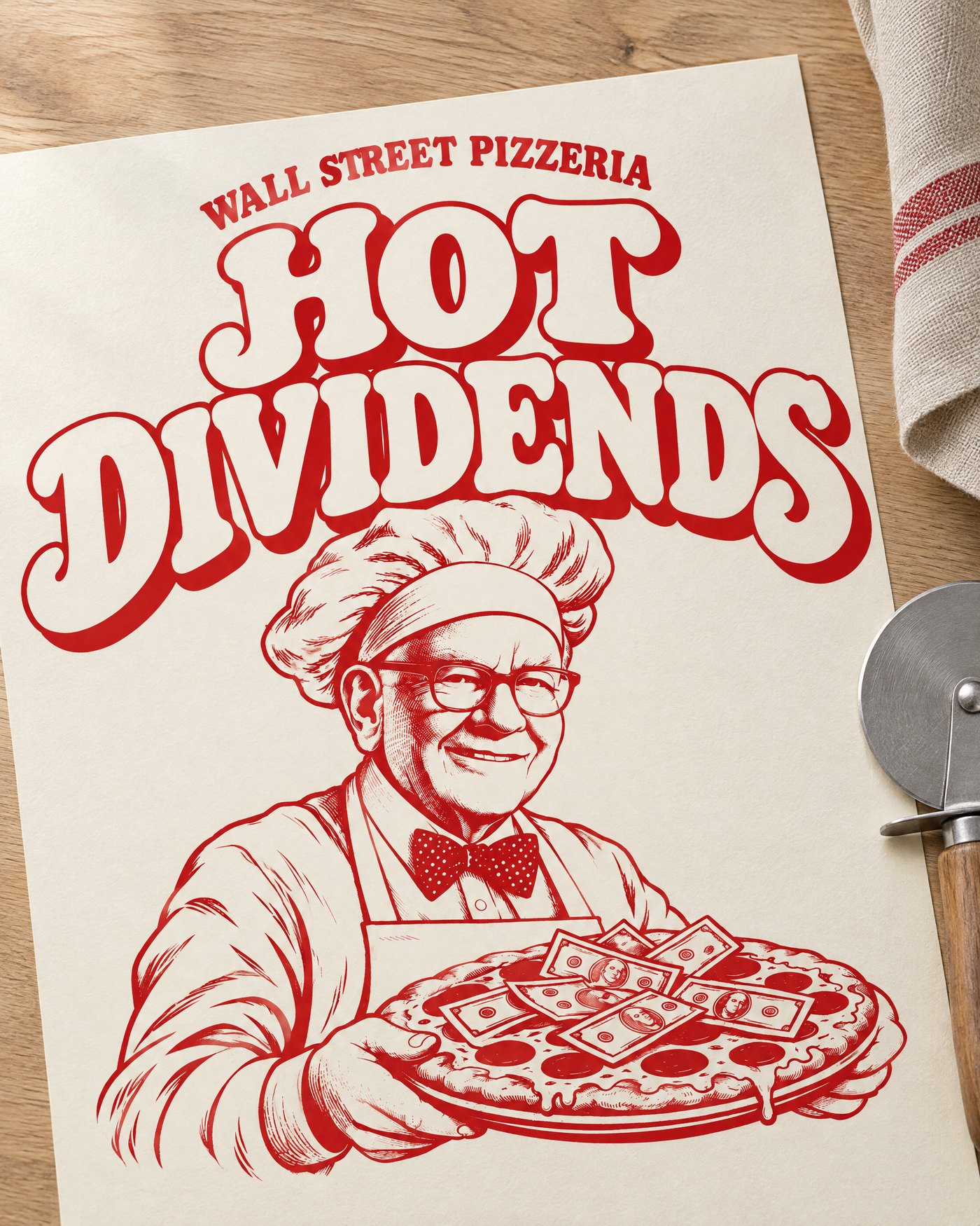 Das Poster liegt auf einem Holztisch neben Leinentuch und Pizzaschneider, der Druck ist matt
