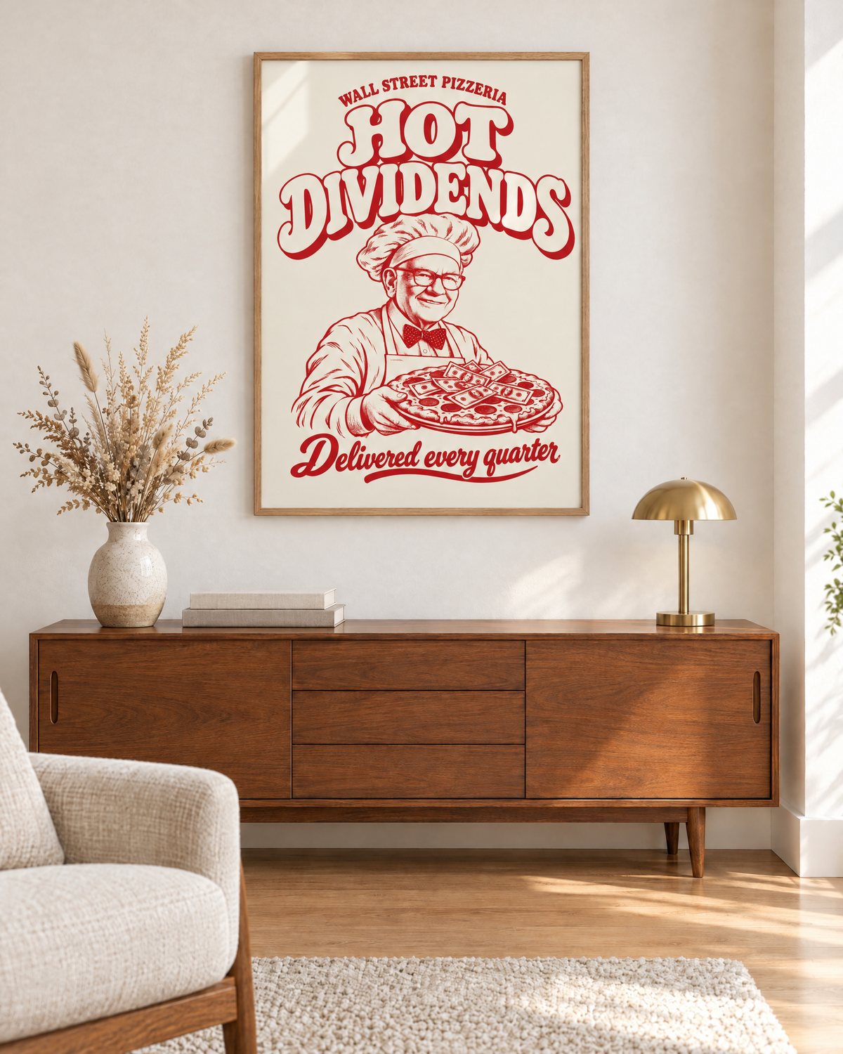 Vorschau: das Poster in einem Rahmen aus Eiche über einem Sideboard im Wohnzimmer