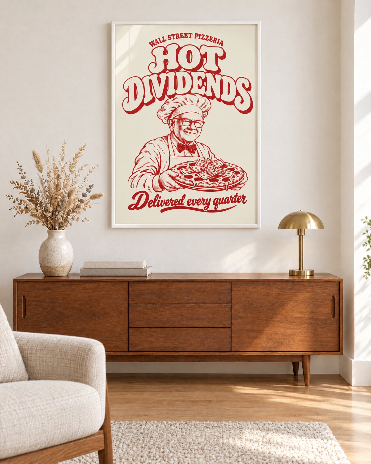 Vorschau: das Poster in einem weißenRahmen über einem Sideboard im Wohnzimmer