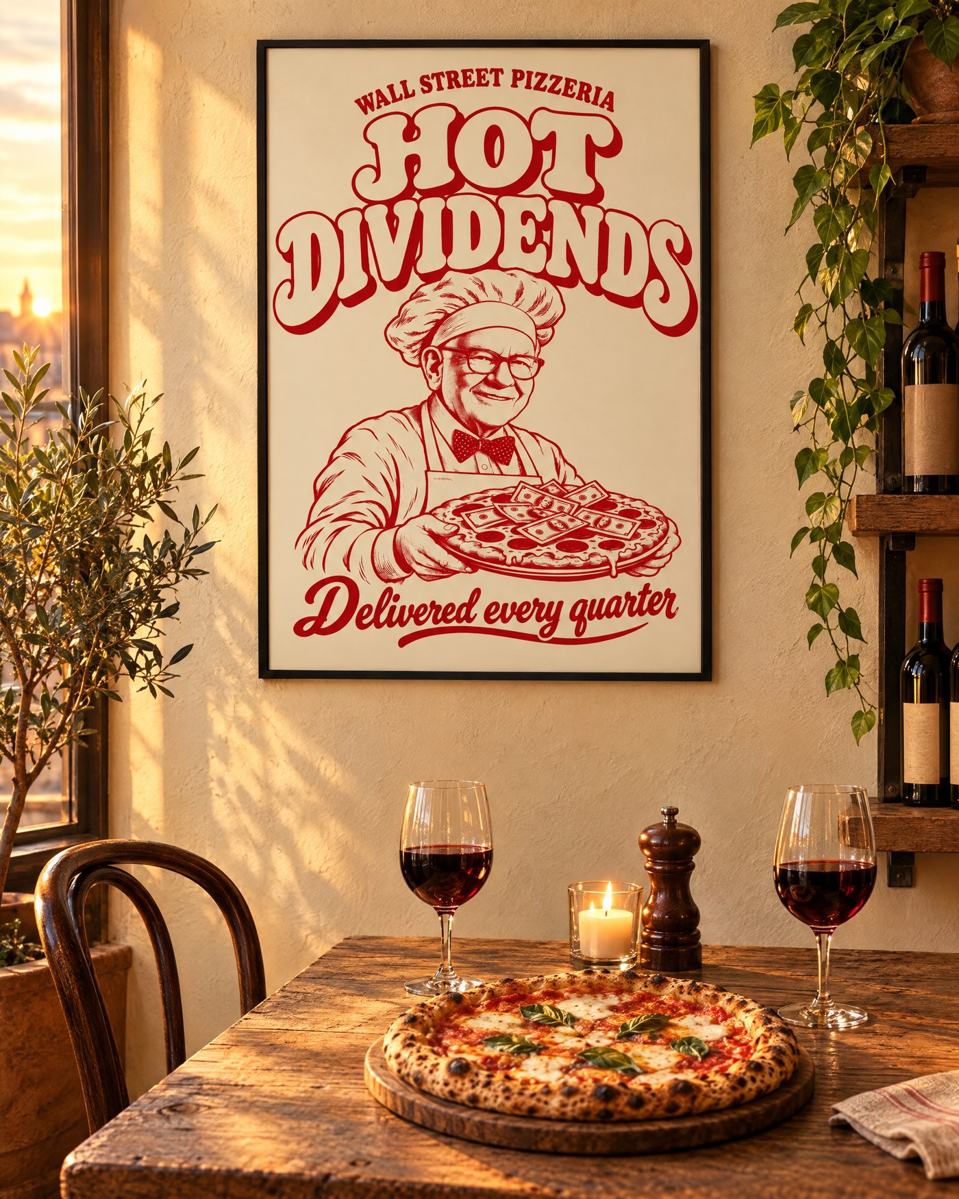 Poster über einem Esstisch mit Pizza und Rotwein
